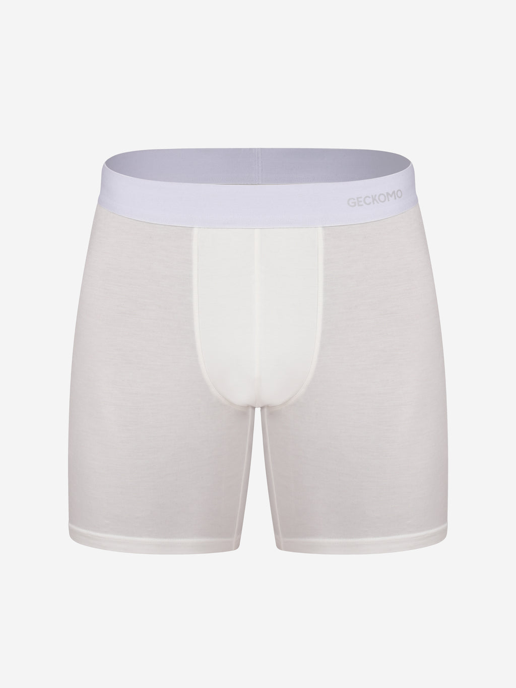 White boxer briefs with a light purple waistband on a white background