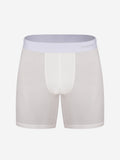 White boxer briefs with a light purple waistband on a white background