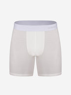 White boxer briefs with a light purple waistband on a white background