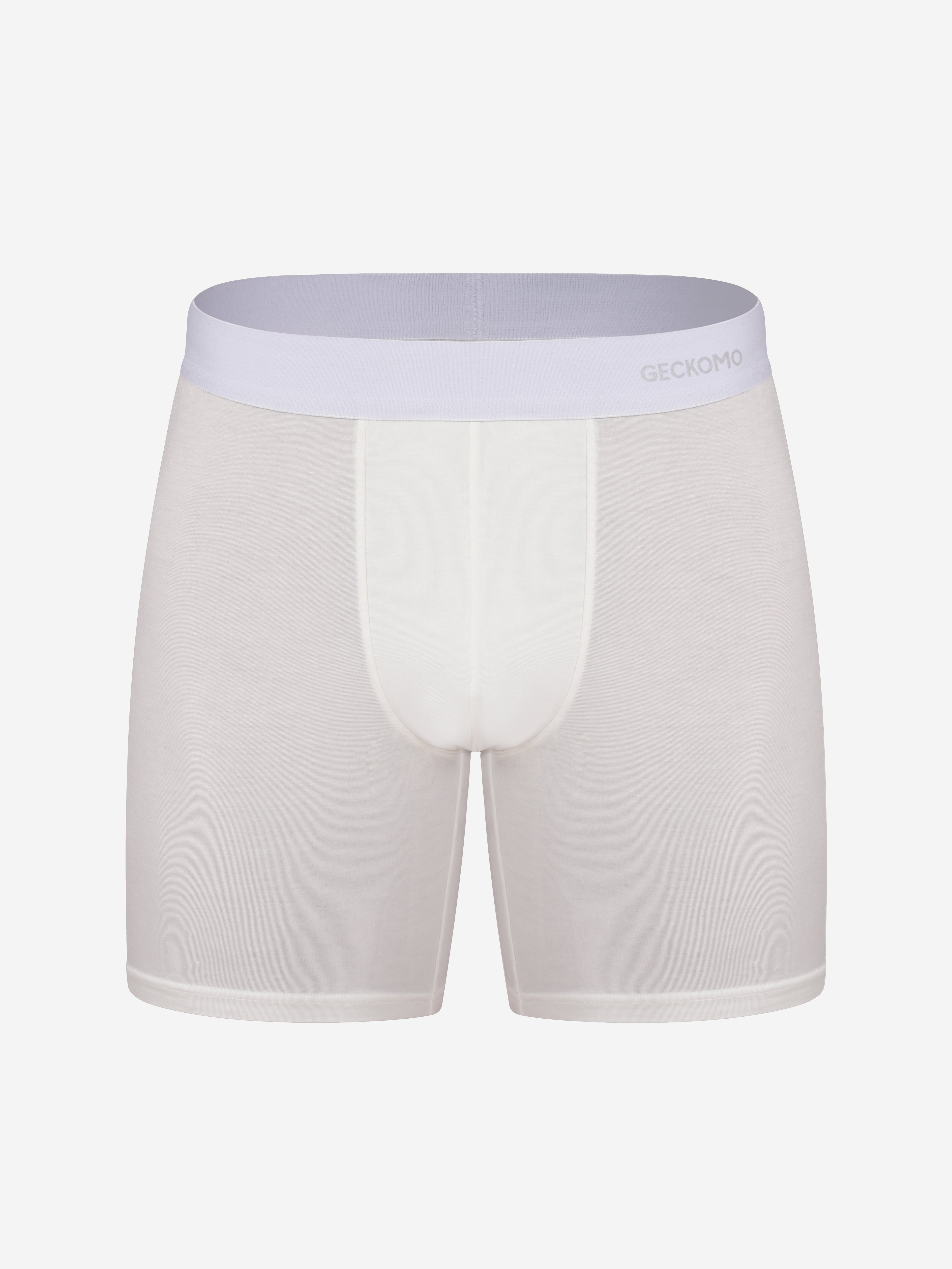 White boxer briefs with a light purple waistband on a white background