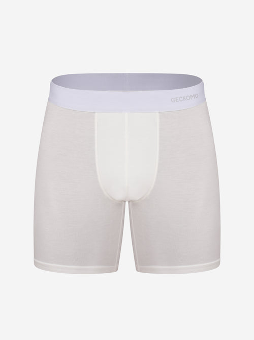 White boxer briefs with a light purple waistband on a white background