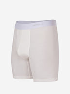 White boxer briefs with a light purple waistband on a white background