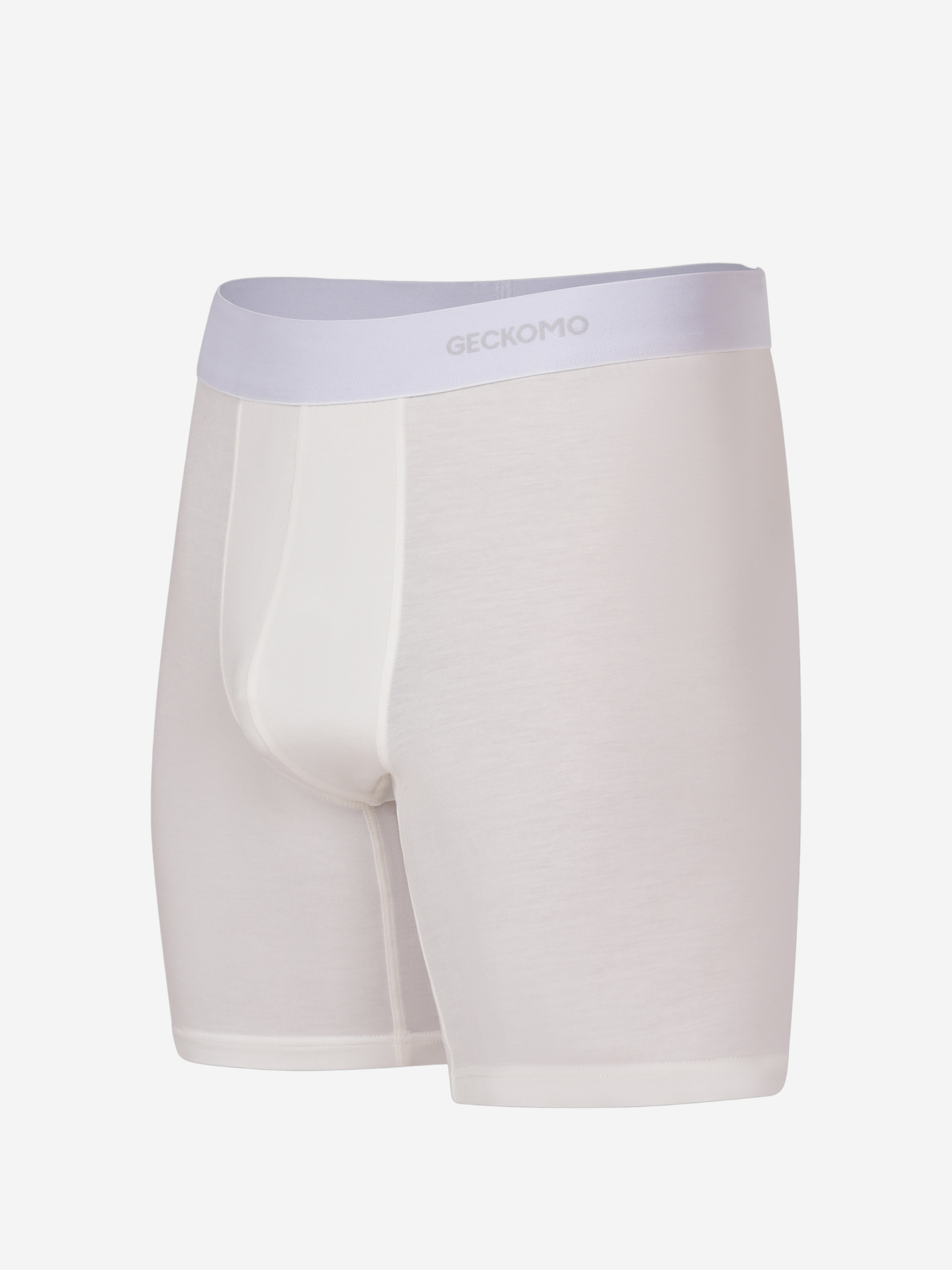 White boxer briefs with a light purple waistband on a white background