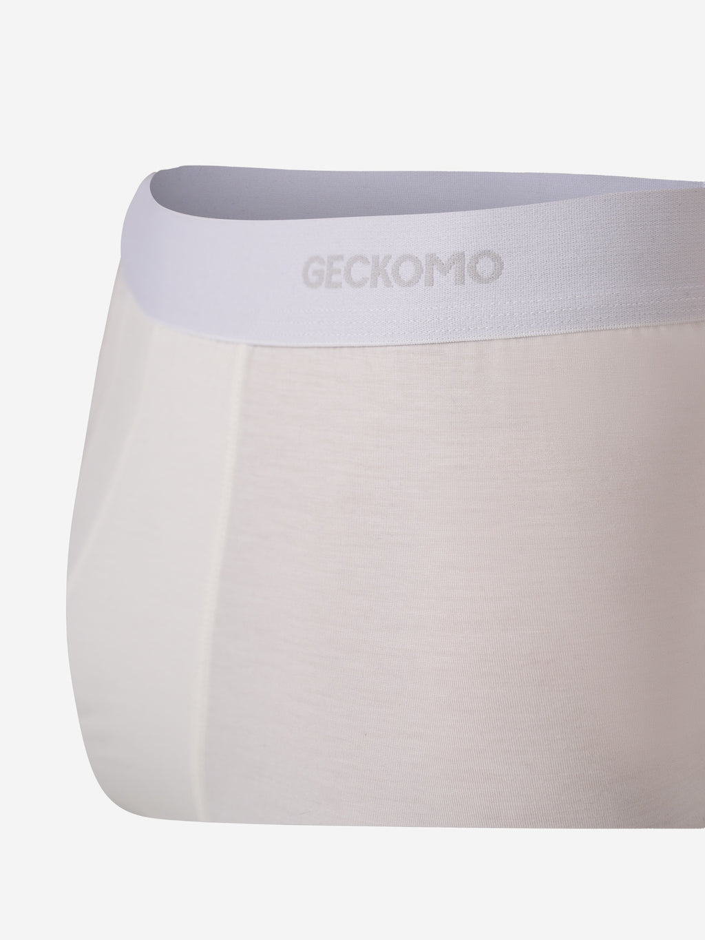 White underwear with a light gray waistband featuring 'Geckomo' branding on a white background.